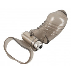 Дымчатая закрытая насадка на пенис с вибропулей - 15 см.