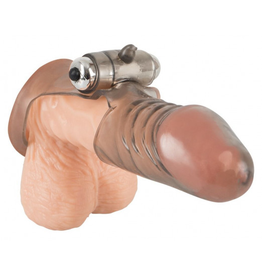 Дымчатая закрытая насадка на пенис с вибропулей - 15 см.