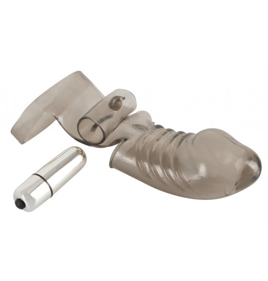 Дымчатая закрытая насадка на пенис с вибропулей - 15 см.