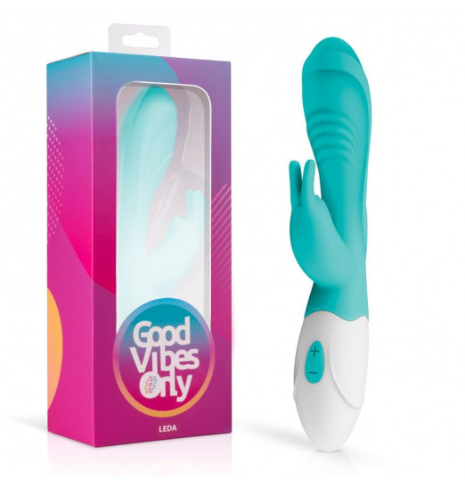 Зеленый вибратор с клиторальным зайчиком Leda - 20 см.