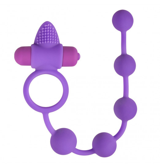 Фиолетовое эрекционное виброкольцо с анальной цепочкой Triple Pleasure