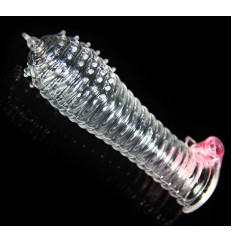 Прозрачная закрытая насадка на член с рельефом - 14,5 см.