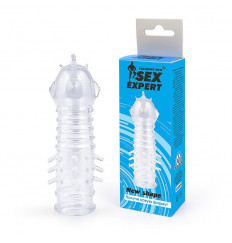 Закрытая прозрачная насадка на пенис с выпуклостями и шипиками - 13,5 см.