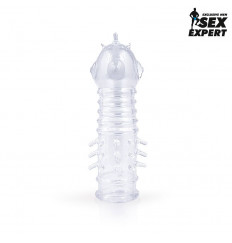 Закрытая прозрачная насадка на пенис с выпуклостями и шипиками - 13,5 см.