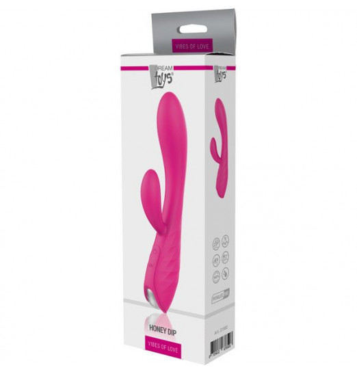 Ярко-розовый вибромассажер с клиторальным отростком HONEY DIP - 21,3 см.