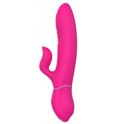 Ярко-розовый вибромассажер с клиторальным отростком DUO THRUSTER - 14 см.