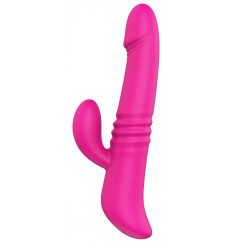 Розовый вибромассажер с клиторальным отростком HEATING THRUSTER - 20 см.