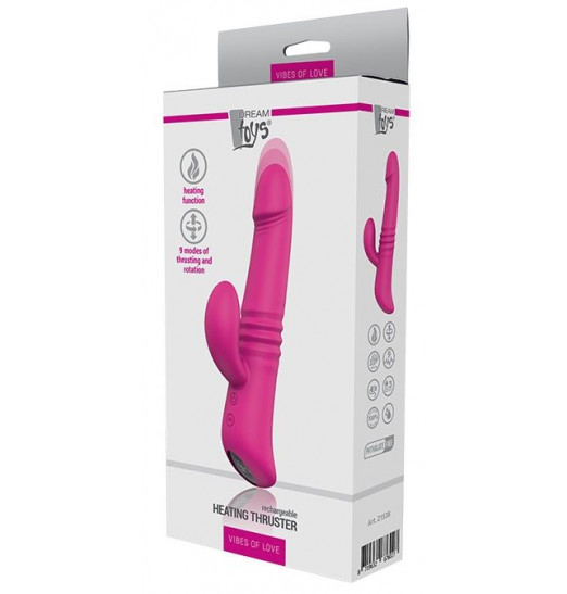Розовый вибромассажер с клиторальным отростком HEATING THRUSTER - 20 см.