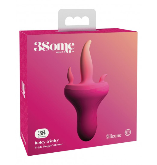 Розовый вибромассажер с 3 подвижными язычками Holey Trinity - 19 см.