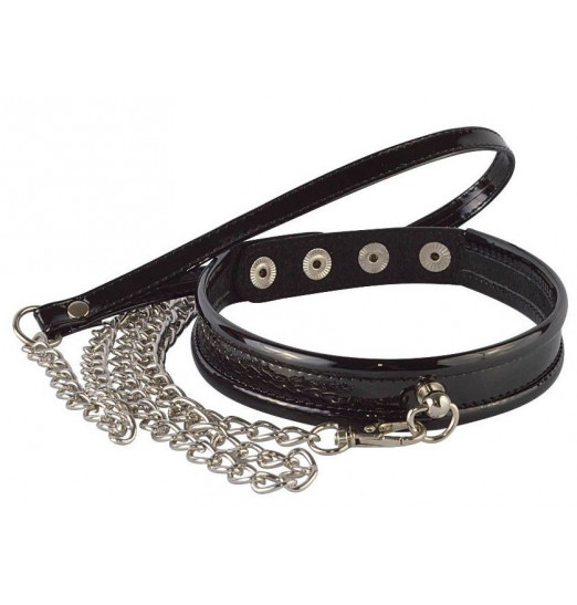 Черный лаковый узкий ошейник с металлическим поводком