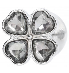 Серебристая анальная пробка с прозрачными кристаллами в форме клевера - 8,2 см.