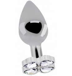 Серебристая анальная пробка с прозрачными кристаллами в форме клевера - 8,2 см.