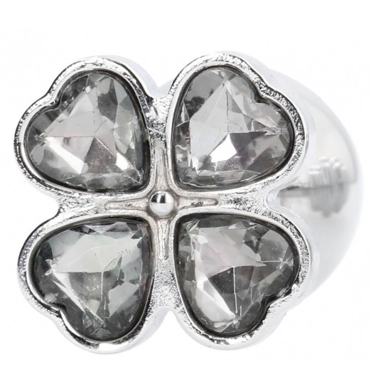 Серебристая анальная пробка с прозрачными кристаллами в форме клевера - 9,5 см.