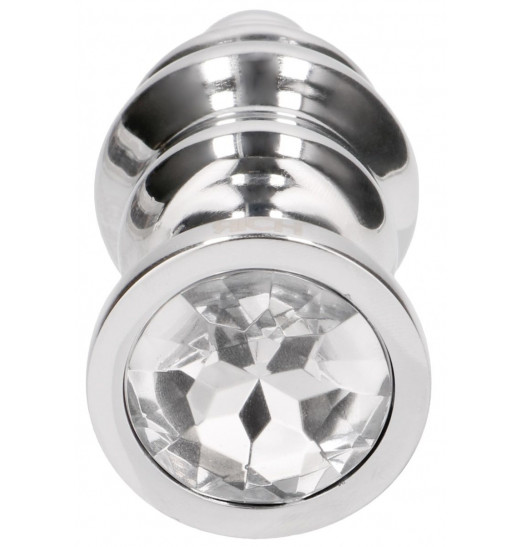 Серебристая ребристая анальная пробка с прозрачным кристаллом - 9,2 см.