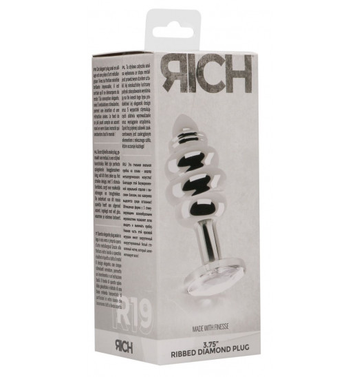 Серебристая ребристая анальная пробка с прозрачным кристаллом - 9,2 см.