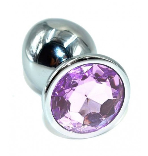 Серебристая анальная пробка с сиреневым кристаллом - 10 см.