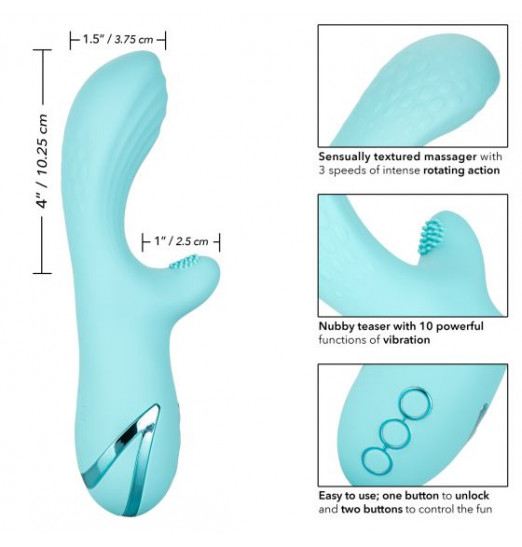 Голубой вибратор-ротатор с клиторальным отростком Catalina Climaxer - 20,25 см.