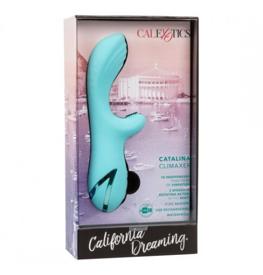 Голубой вибратор-ротатор с клиторальным отростком Catalina Climaxer - 20,25 см.