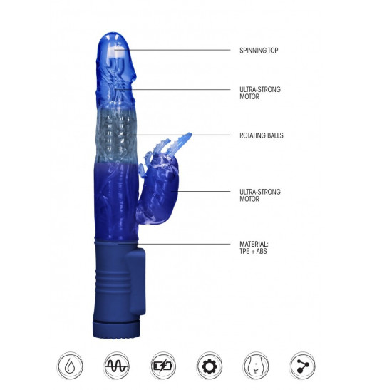 Синий вибратор-кролик Rotating Beetle - 22 см.