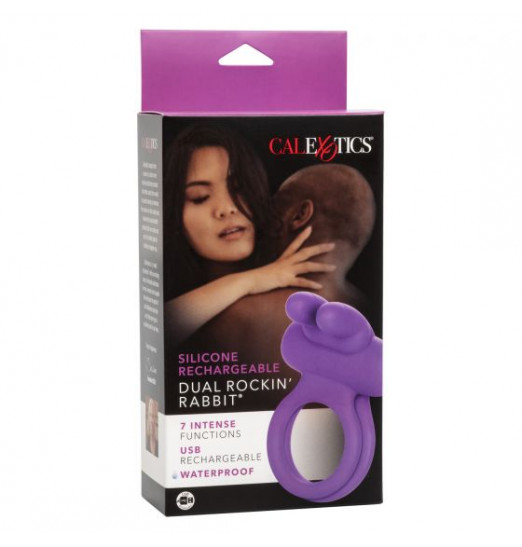 Фиолетовое двойное эрекционное кольцо Silicone Rechargeable Dual Rockin Rabbit