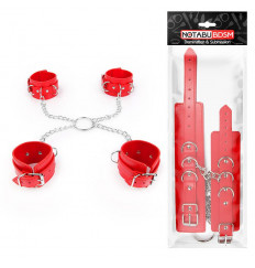 Комплект красных наручников и оков на металлических креплениях с кольцом