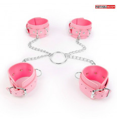 Комплект розовых наручников и оков на металлических креплениях с кольцом