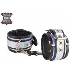 Черные наручники с голографическими вставками на регулируемых ремешках