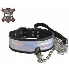 Черный ошейник с голографическими вставками и поводком