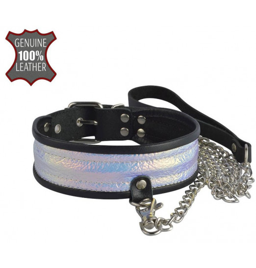Черный ошейник с голографическими вставками и поводком