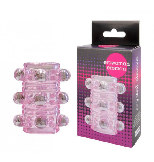 Розовая насадка на пенис Crystal sleeve с шариками и пупырышками - 5,5 см.