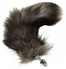 Серебристая металлическая анальная пробка с черным хвостиком