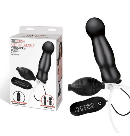 Черная надувная анальная пробка с вибрацией - 10 см.