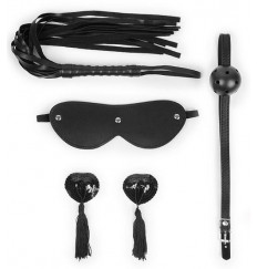 Эротический набор в черном цвете: маска, кляп, пэстисы, плётка