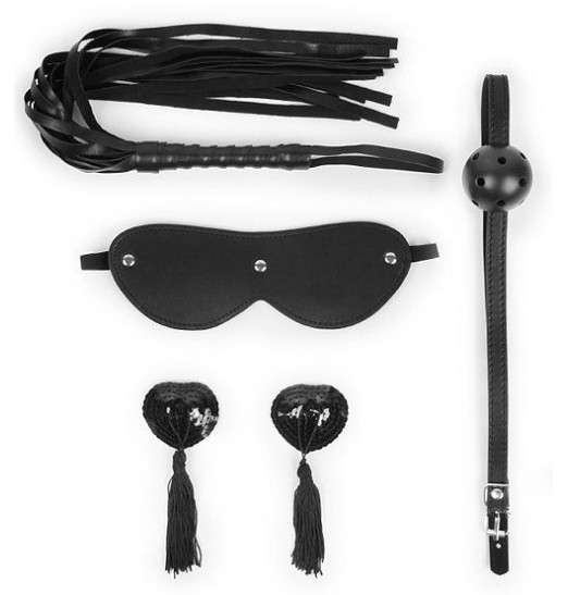 Эротический набор в черном цвете: маска, кляп, пэстисы, плётка