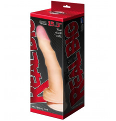 Телесный рельефный фаллоимитатор-супергигант с мошонкой на присоске - 39 см.