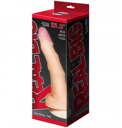 Телесный рельефный фаллоимитатор-супергигант с мошонкой на присоске - 39 см.