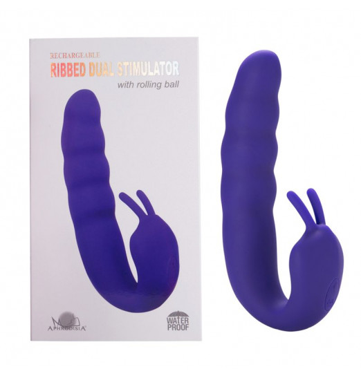 Фиолетовый вибратор Ribbed Dual Stimulator with Rolling Ball - 17 см.