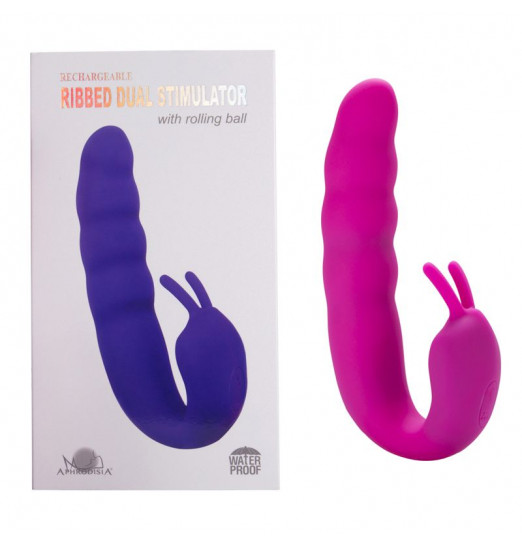 Розовый вибратор Ribbed Dual Stimulator with Rolling Ball - 17 см.
