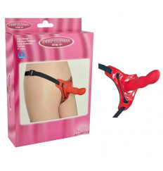 Красные трусики со сменной насадкой из силикона Strap-on Curved Dong - 13,5 см.