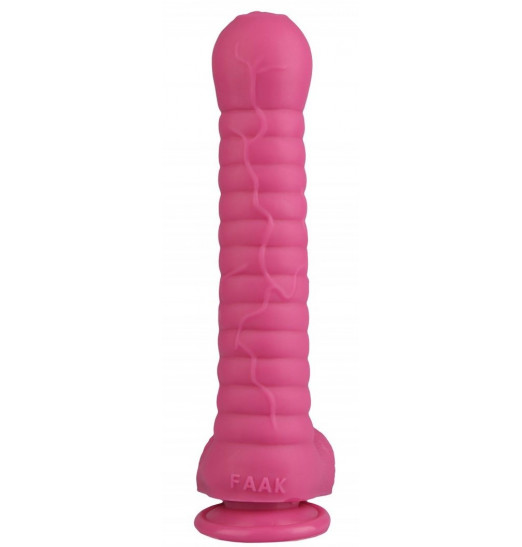 Розовый рельефный фаллоимитатор с мошонкой - 27,5 см.