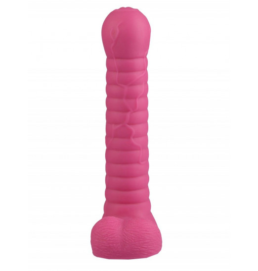 Розовый рельефный фаллоимитатор с мошонкой - 27,5 см.