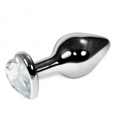 Серебристая анальная пробка с прозрачным кристаллом-сердечком - 6,8 см.