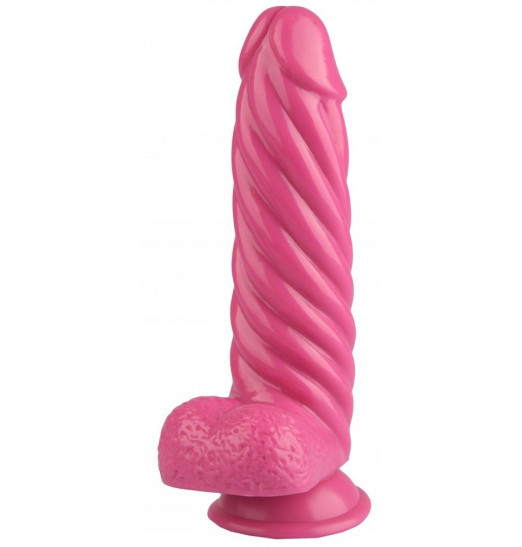 Розовый реалистичный винтообразный фаллоимитатор на присоске - 21 см.