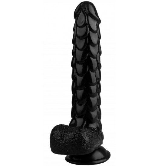 Черный реалистичный фаллоимитатор с чешуйками на присоске - 24 см.