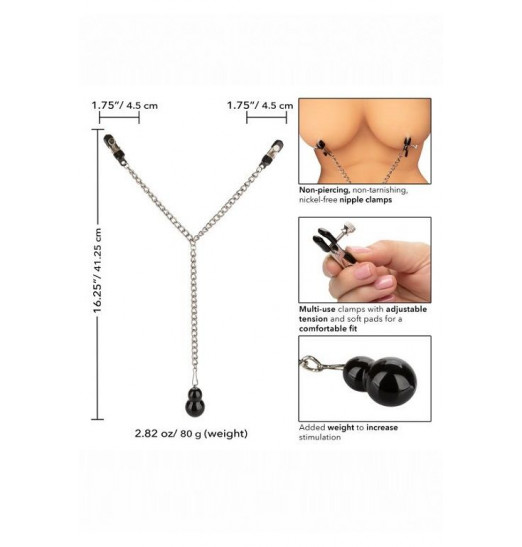 Зажимы для сосков с серебристой цепочкой и утяжелителем Weighted Dual Tier Nipple Clamps Зажимы для сосков с серебристой цепочкой и утяжелителем Weighted Dual Tier Nipple Clamps