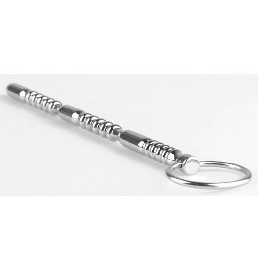 Серебристый фигурный уретральный стимулятор с кольцом - 20,5 см.