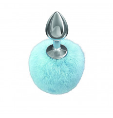 Серебристая анальная пробка с голубым пушистым хвостиком Twinkle