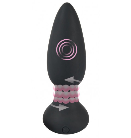 Черная анальная пробка с вибрацией и вращением шариков - 13,8 см.