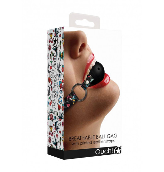 Черный кляп-шарик Breatheable Ball Gag Old School Tattoo Style