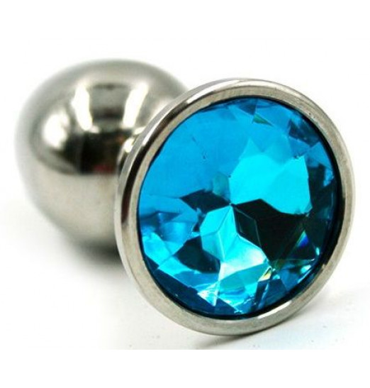 Серебристая гладкая анальная пробка с голубым кристаллом - 7 см.
